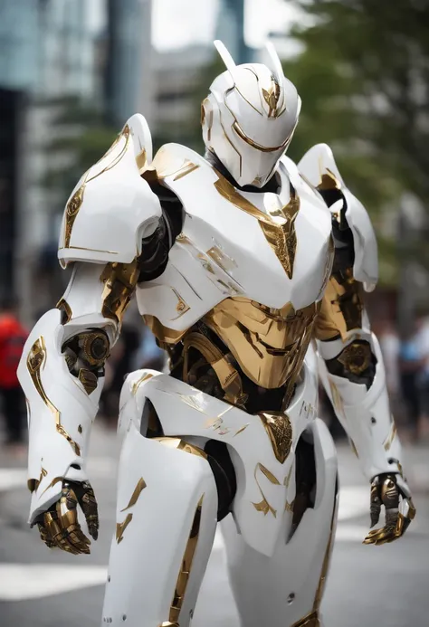 Arafeld robot holding a katana on a city street, heavy white and golden armor, porcelain cyborg armor, Intricate white and gold armor, Knight in armor, glossy white armor, white metal neocubism armor, cyber japan style armor, Dragon-inspired armor, sleek w...