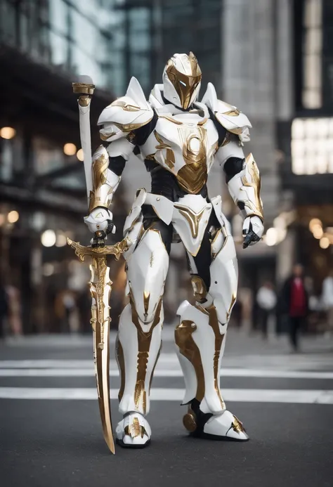 Arafeld robot holding a katana on a city street, heavy white and golden armor, porcelain cyborg armor, Intricate white and gold armor, Knight in armor, glossy white armor, white metal neocubism armor, cyber japan style armor, Dragon-inspired armor, sleek w...