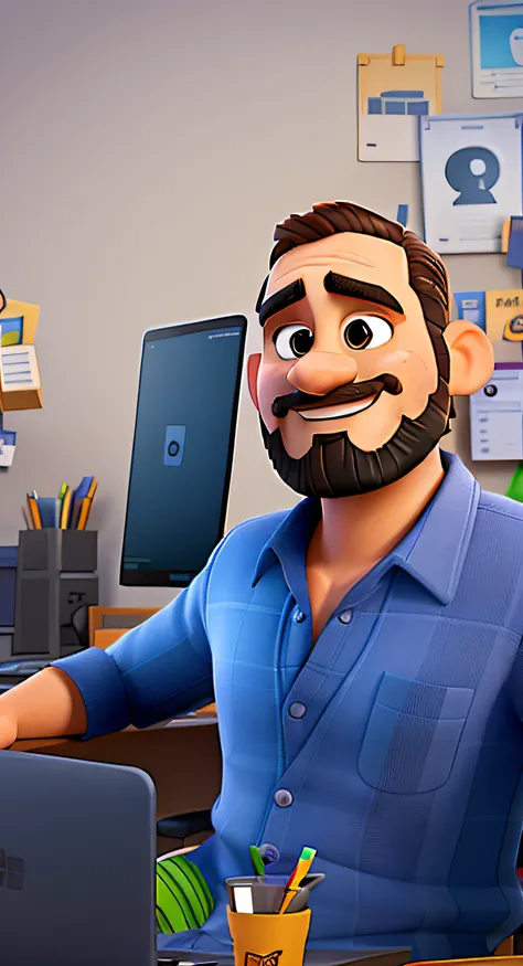 A man sitting at a desk with a laptop computer, imagem de perfil, com barba e bigode preto, com cabelo curto e preto, como personagem pixar