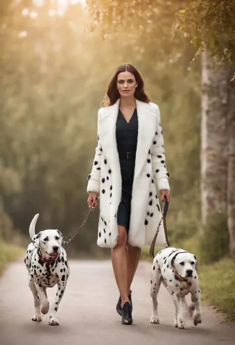 A Beautiful high class woman walking her Dalmatian, posing for a photograph with her Dalmatian, hyper realistic, crystal clear image