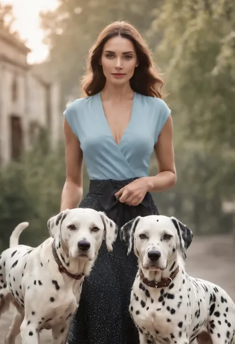 A Beautiful high class woman walking her Dalmatian, posing for a photograph with her Dalmatian, hyper realistic, crystal clear image