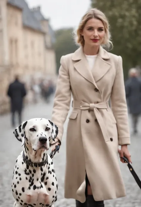 A Beautiful high class woman walking her Dalmatian, posing for a photograph with her Dalmatian, hyper realistic, crystal clear image