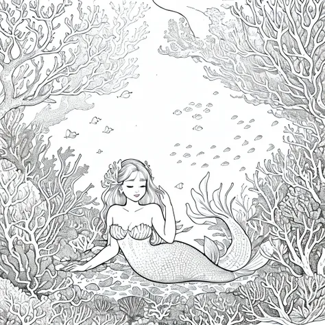 orn8 lineart, mermaid in a coral reef, line art, monochrome