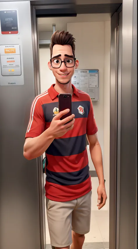 A young man with glasses, in the elevator, taking a selfie with an iPhone and wearing the Flamengo football team shirt