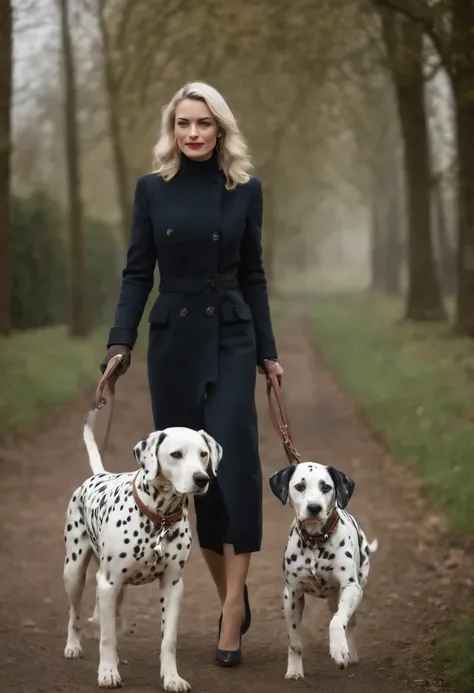 A Beautiful high class woman walking her Dalmatian, posing for a photograph with her Dalmatian, hyper realistic, crystal clear image