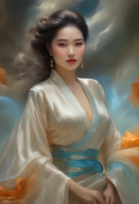 Mulher chinesa, Rosto em close-up, figura feminina elevada feita de fitas, smoke billowing, in sky, colorido e brilhante, mystical colors, impressionismo moderno, retrato Yanjun Cheng, pintura iridescente, 3/4 Vista em perspectiva, cara bonito, low-up angl...