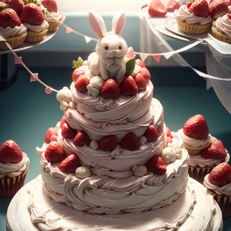 birthday party，birthday cake decorated with strawberries and rabbit cookies，a birthday cake candle stuck on the cake