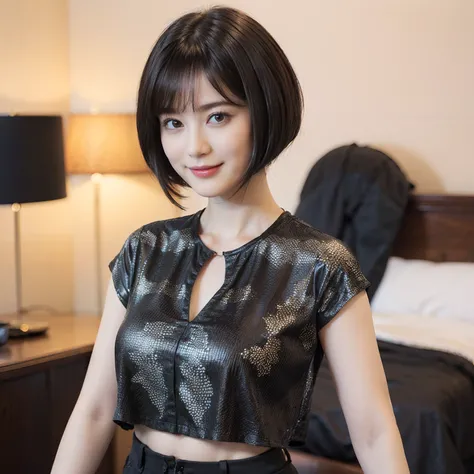 84
(a 20 yo woman,is standing), (A hyper-realistic), (Masterpiece), ((short-hair:1.46)), (Smooth black hair), (breast:1.0), (kindly smile), Wearing shorts, Wearing a shirt with a fractal design print, (Beautiful skin:1.5)