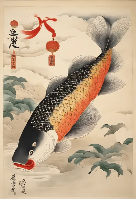 Best Quality, Kitagawa Utamaros style, ukiyoe painting,  (Floating carp), Dharma、vague