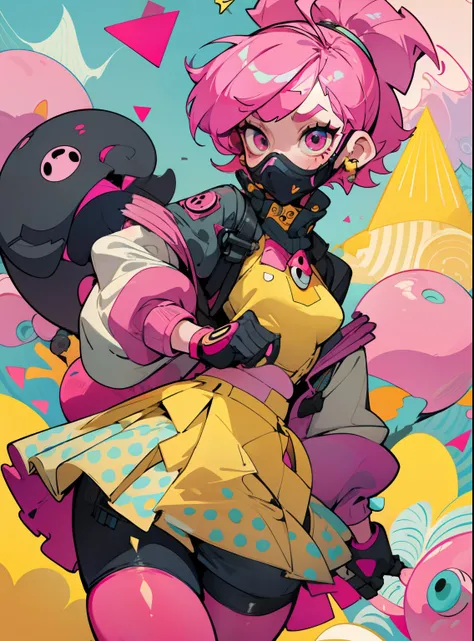 kpop girl with short nice fadecut pink hair, gass mask, lots of shapes attatched everywhere, random shapes mostly triangle, yellow skirt with polcadots, red gloves, and an 2 antena headband