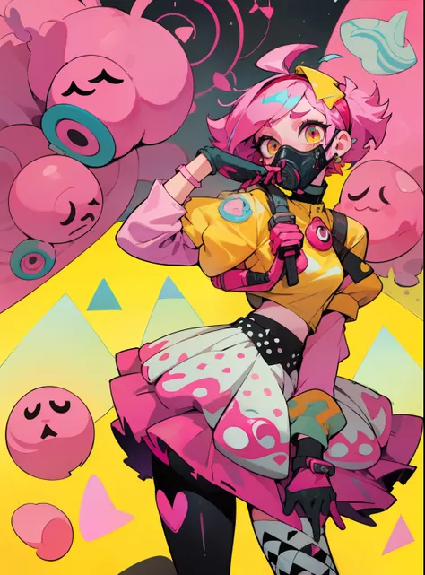 kpop girl with short nice fadecut pink hair, gass mask, lots of shapes attatched everywhere, random shapes mostly triangle, yellow skirt with polcadots, red gloves, and an 2 antena headband