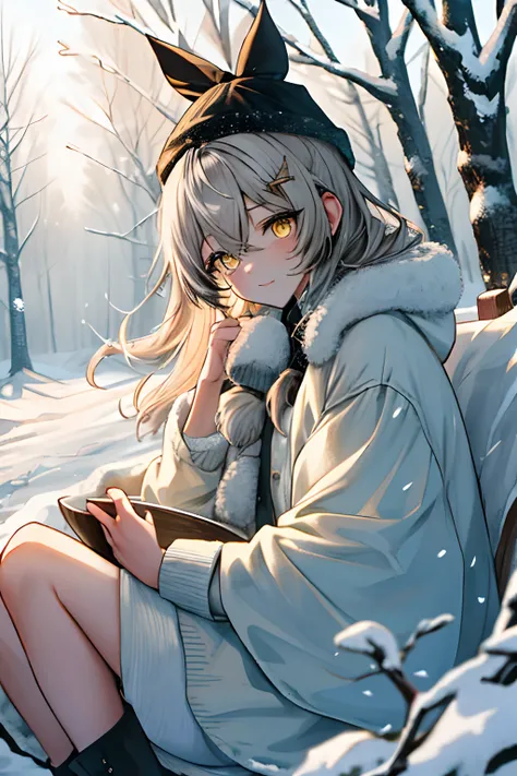 (best quality,4k,8k,highres,masterpiece:1.2), nanashi mumei, browm hair, yellow eyes, beautiful woman in winter clothes, snowy place, winter landscape, cozy atmosphere, snowy trees, soft falling snow, warm winter coat, stylish winter hat, snow-covered grou...