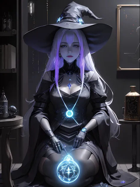 create a scene that depicts a modern-day witch who has embraced the world of cybernetics to enhance her magical abilities. the a...