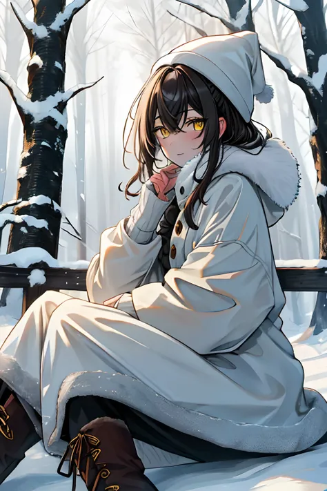 (best quality,4k,8k,highres,masterpiece:1.2), nanashi mumei, browm hair, yellow eyes, beautiful woman in winter clothes, snowy p...