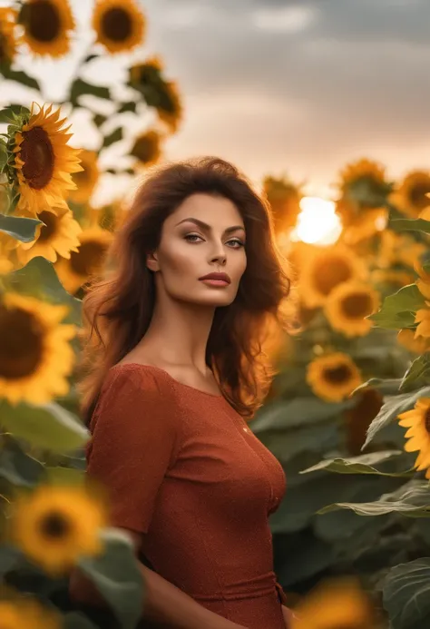 photo of beautiful young Sophia Loren from the 1970s in a field of sunflowers, com saia e top posando para uma foto, Garota sexy, lovely woman, mulher bonita, Beautiful woman, Amazing woman, Pose casual, menina bonita , menina atraente, olhar sexy, beautif...