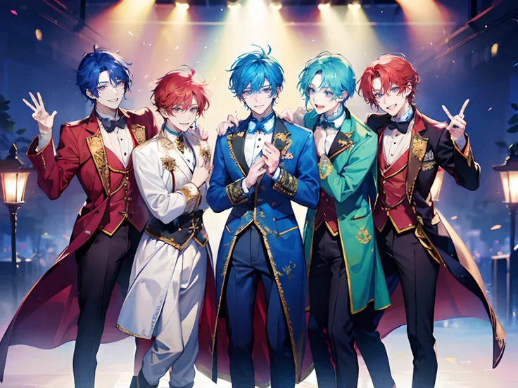 Four Men、A male idol group is doing a live event。Colorful and fantasy costumes。singing a songs.dynamic dancing、A bullish man with red hair, a man with glasses with blue hair, and a gentleman with green hair。full body,cute smiling