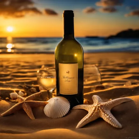 The wine bottles photographed on the beach are some wine bottles inside the sand, The sunset over the sea should be clear, Sharp sand, It is surrounded by some shells and starfish, High quality in the shadows, Sands is super quality, super detailing, 8K