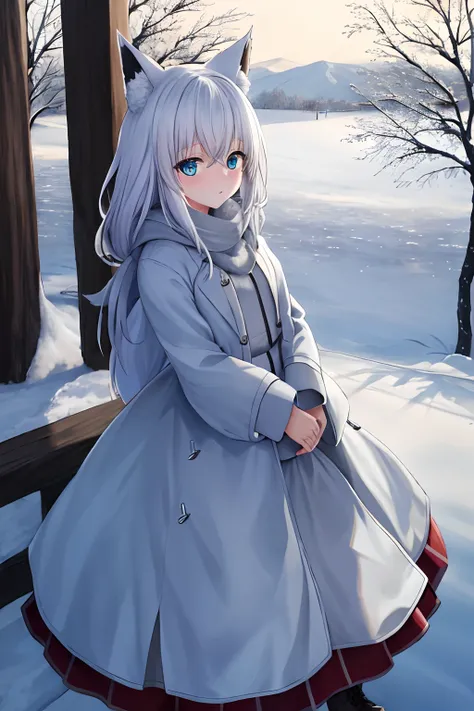 (best quality,4k,8k,highres,masterpiece:1.2), shirokami fubuki, white hair, blue eyes, fox tail, Fox ears, beautiful woman in winter clothes, snowy place, winter landscape, cozy atmosphere, snowy trees, soft falling snow, warm winter coat, stylish winter h...