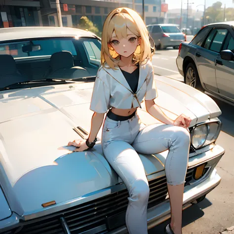 white jeans, blonde hair girl, sitting on a car