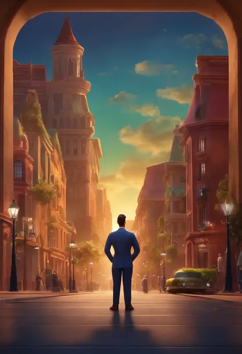 A city councilman looking at a dream project inspired by Pixar animation, de perto. The character takes center stage with captivating facial expressions, oferecendo um toque de irrealidade