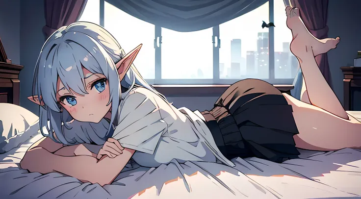 1 elf girl, with bat wings, lying on bed, under the blanket, photograph from the top, looking at the sky, 20 years old, sesual, blush on her face, white blouse, black skirt