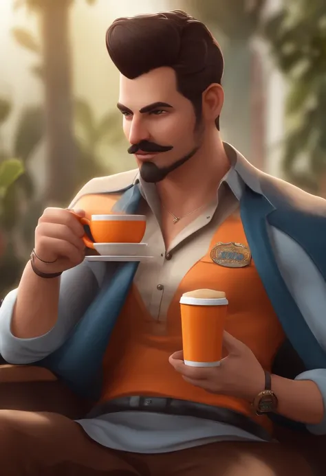 Rapaz 25 anos, moreno, bigode e cavanhaque, sombrancelha grossa, topete alto e pro lado castanho escuro, camisa preta listra fina laranja, sentado cadeira gamer azul, holding coffee mug, funco branco, foto busto pra cima, estilo PIXAR, estilizado, animific...