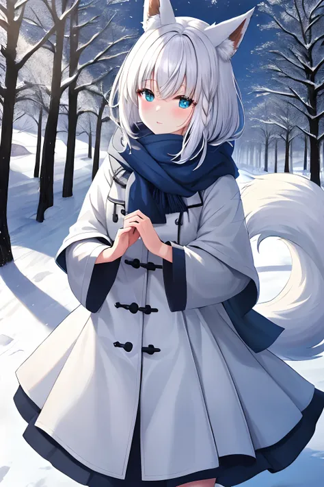 (best quality,4k,8k,highres,masterpiece:1.2), shirokami fubuki, white hair, blue eyes, fox tail, Fox ears, beautiful woman in winter clothes, snowy place, winter landscape, cozy atmosphere, snowy trees, soft falling snow, warm winter coat, stylish winter h...