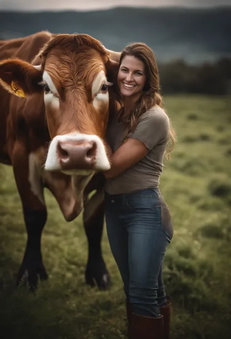 A Beautiful farmer woman smiling as she poses for a photograph with her Cow, head to head, hyper realistic, crystal clear image