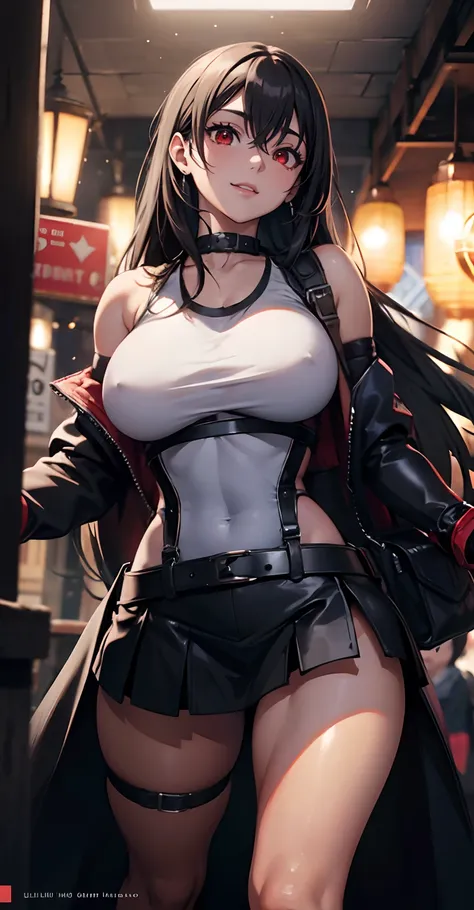 Tifa Lockhart, ff Tifa_lockhart,  FF7, sultry face, (Gilet blanc:1.2), black latex miniskirt, (Black long hair), Hair bangs (Red eyes:1.3) Long eyelashes, beautiful red eyes with brightness, surrealism, black shadows, stereograms, (Photorealistic, Realisti...