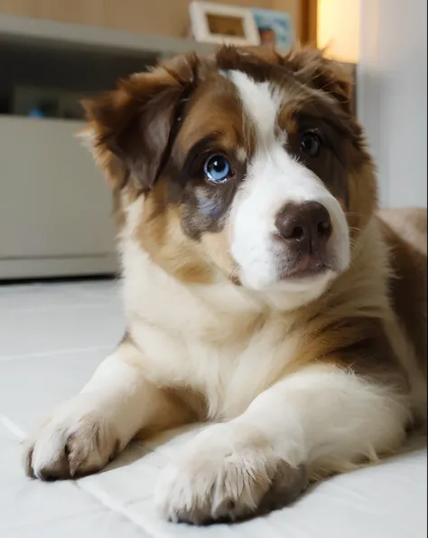 Lindo filhote de cachorro, olhos atentos um  azul e outro Dourado, 3d, estilo picar