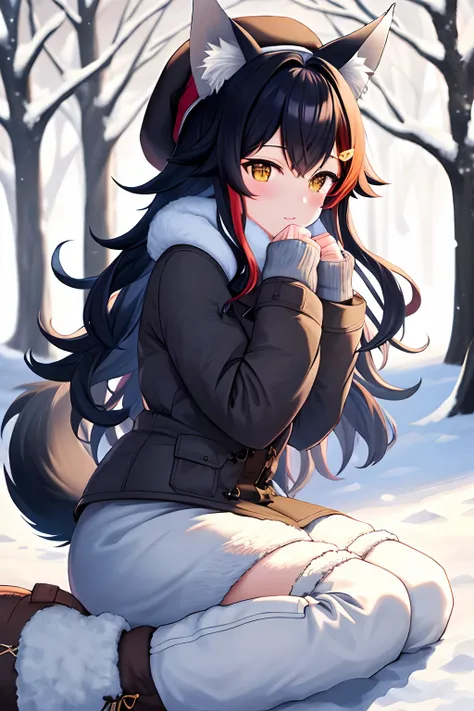 (best quality,4k,8k,highres,masterpiece:1.2), ookami mio, black hair, wolf ears, wolf tail, yellow eyes, beautiful woman in winter clothes, snowy place, winter landscape, cozy atmosphere, snowy trees, soft falling snow, warm winter coat, stylish winter hat...