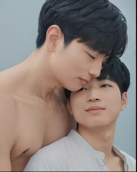 There are two guys who hug each other, Mew suppasit and Kanawut Traipipattanapong, Alessio Albi e Shin Jeongho, Bowater Charlie e Brom Gerald, Yanjun Chengt, Ruan Jia e Brom, inspirado em Adam Dario Keel, Jin Shan e Ross Tran, Gay, arte masculina, por Ni T...