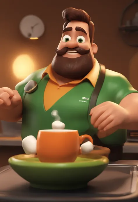 personagem dos desenhos animados de um homem branco, de cabelos preto, de barba , With chubby physical shape in front of his orange and green coffee maker, mW animation character, Caractere estilizado, animation style rendering, 3D estilizado, Arnold Maya ...