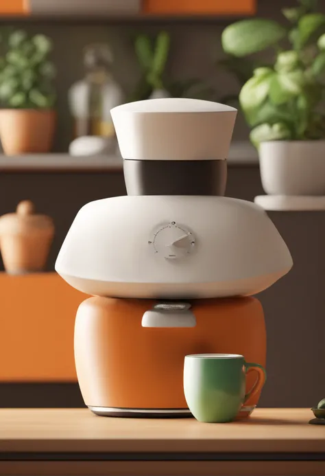 personagem dos desenhos animados de um homem branco, de cabelos preto, de barba , With chubby physical shape in front of his orange and green coffee maker, mW animation character, Caractere estilizado, animation style rendering, 3D estilizado, Arnold Maya ...