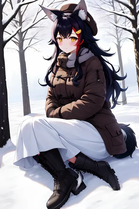 (best quality,4k,8k,highres,masterpiece:1.2), ookami mio, black hair, wolf ears, wolf tail, yellow eyes, beautiful woman in winter clothes, snowy place, winter landscape, cozy atmosphere, snowy trees, soft falling snow, warm winter coat, stylish winter hat...