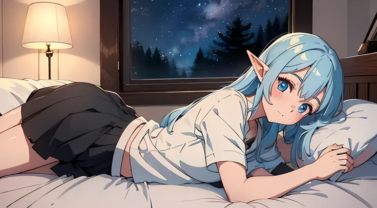 1 elf girl, lying her back on the bed, photograph from the sky, looking at the sky, 20 years old, sesual, blush on her face, whi...