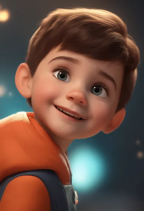 a happy cute kid standing short hair, vestindo uma fantasia espacial, , fundo branco, barnet, tom, Estilo Pixar, ..3d, desenhos animados, rosto detalhado, asymmetrical 16k