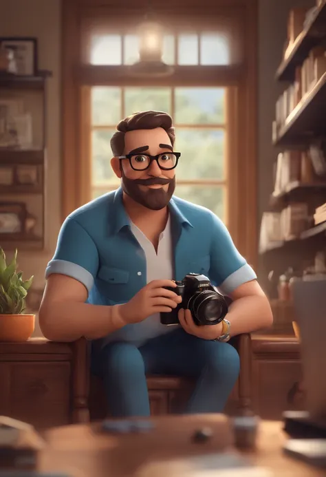 Personagem de desenho animado de um homem caucasiano, magro, cabelo curto quase raspado, Newly growing short beard, Wearing black glasses and a blue shirt, Whos a photographer and hes holding a Nikon camera, um personagem animado, Caractere estilizado, ani...