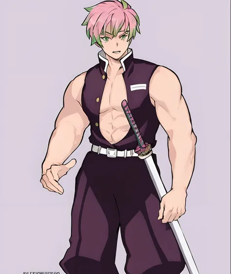 um desenho de um homem com cabelo rosa e uma espada, cara bonito na arte demon slayer, Hajime Yatatate, personagem de anime masculino, Anime de Sete Pecados Capitais, como um personagem de anime, personagem de anime, haruno sakura, Melhor Design de Persona...