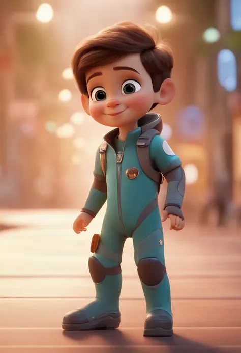 a happy cute kid standing short hair, vestindo uma fantasia espacial, , fundo branco, barnet, toon, estilo pixar, 3d, desenhos animados, rosto detalhado, asymmetrical 16k