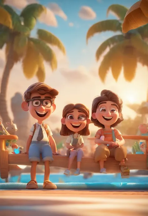 Cartoon of friends having fun on vacation together,  3D Animation Movie Poster, Poster de filme animado, pixar 3 d animation style, pixar renderman rendering, maia 8 mil, animated film, Disney Pixar Estilo 3D, amigos felizes saem juntos, all wearing light ...