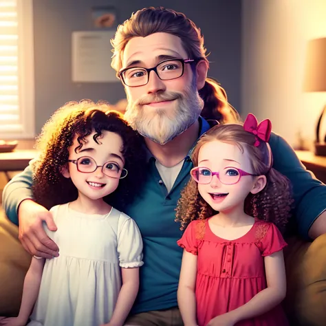 Pixar 3d Disney. Couple with 2 children. One son is 2 years old and the other is 5 years old. The husband is 40 years old and the wife is 33 years old. The husband has a large white beard and long hair tied in a ponytail. The wife wears glasses and has cur...