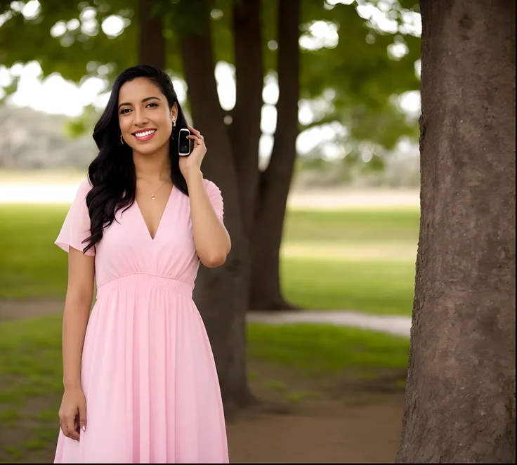 Smiling woman in pink dress talking to mobile phone in front of tree, Malika Favre, Directed by: Nandor Soldier, by Amelia Peláez, Alanis Guillen, andrea rocha, by Almada Negreiros, Retrato no meio da foto, foto da mulher jovem, Tiro na Hora de Ouro, Karla...