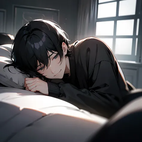 (​masterpiece、top-quality)、Hair with a short neckline、1 man with black hair、Warm lighting、Black cardigan、 Smirk、grey  eyes、Sleep in the room, Blurred foreground、deep in the night、High contrast、Night、Doya face、