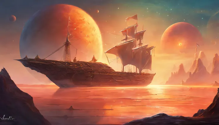 a ship on an ocean on an alien planet, with six moons