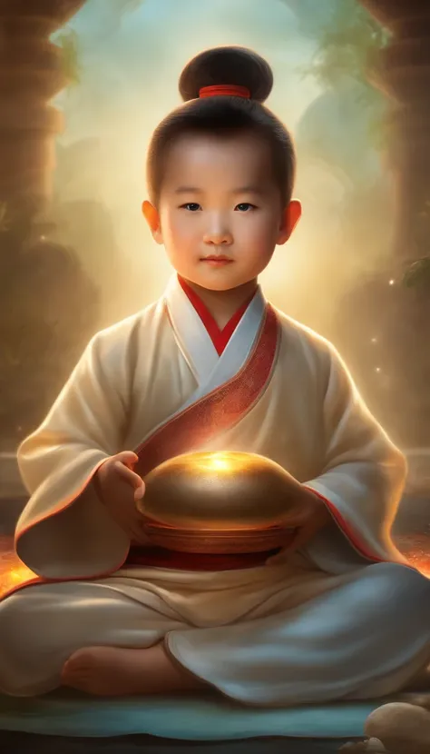 Close-up of a 3-year-old Chinese Taoist，With a bun，Dust in hand，Meditation cross-legged，magic aura，Taoist master,Taoist，Very bright colors, Light particles, with light glowing, Mshiv, wallpaper art, UHD wallpaper