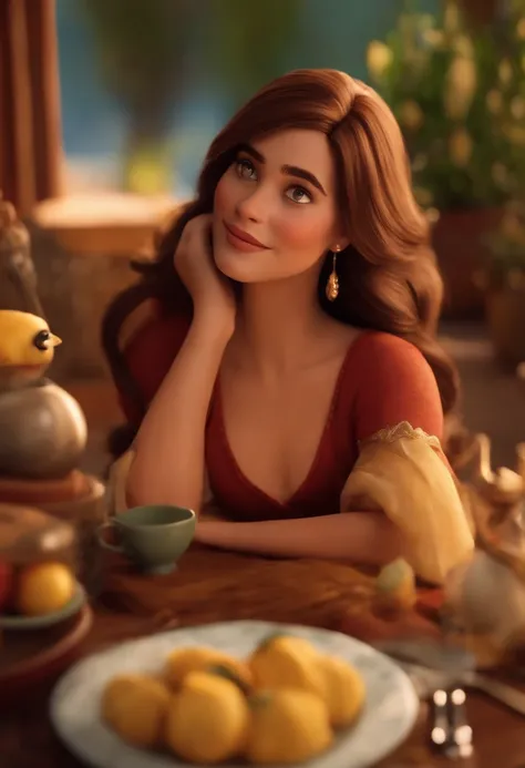 Um filme inspirado na Disney Pixar (mulher pele clara 36 anos gordinha  CABELO LONGO Castanho com mechas loiras ) dentro A cena estar na arte distinta do estilo PIXAR, descolada e estilosa