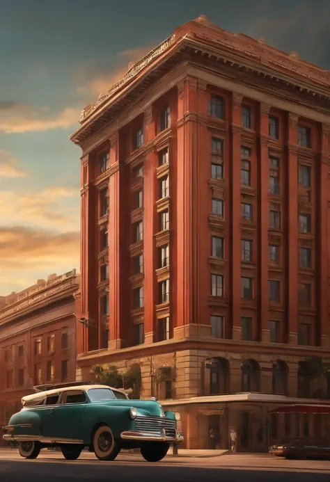 Movie Building 12 floors, neoclassical style,  estilo filmes Pixar, Com nome "Santa Fe", poster, with credits