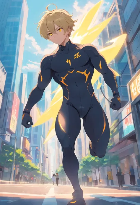 1 male human、a blond、Huge ass、black rubber suit、yellow  eyes、Large, thick thighs、short-haired、wide hips、musculature、run