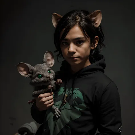 Small dark green gremlin named snarflenog with a black and grey mouse on his shoulder named burbles